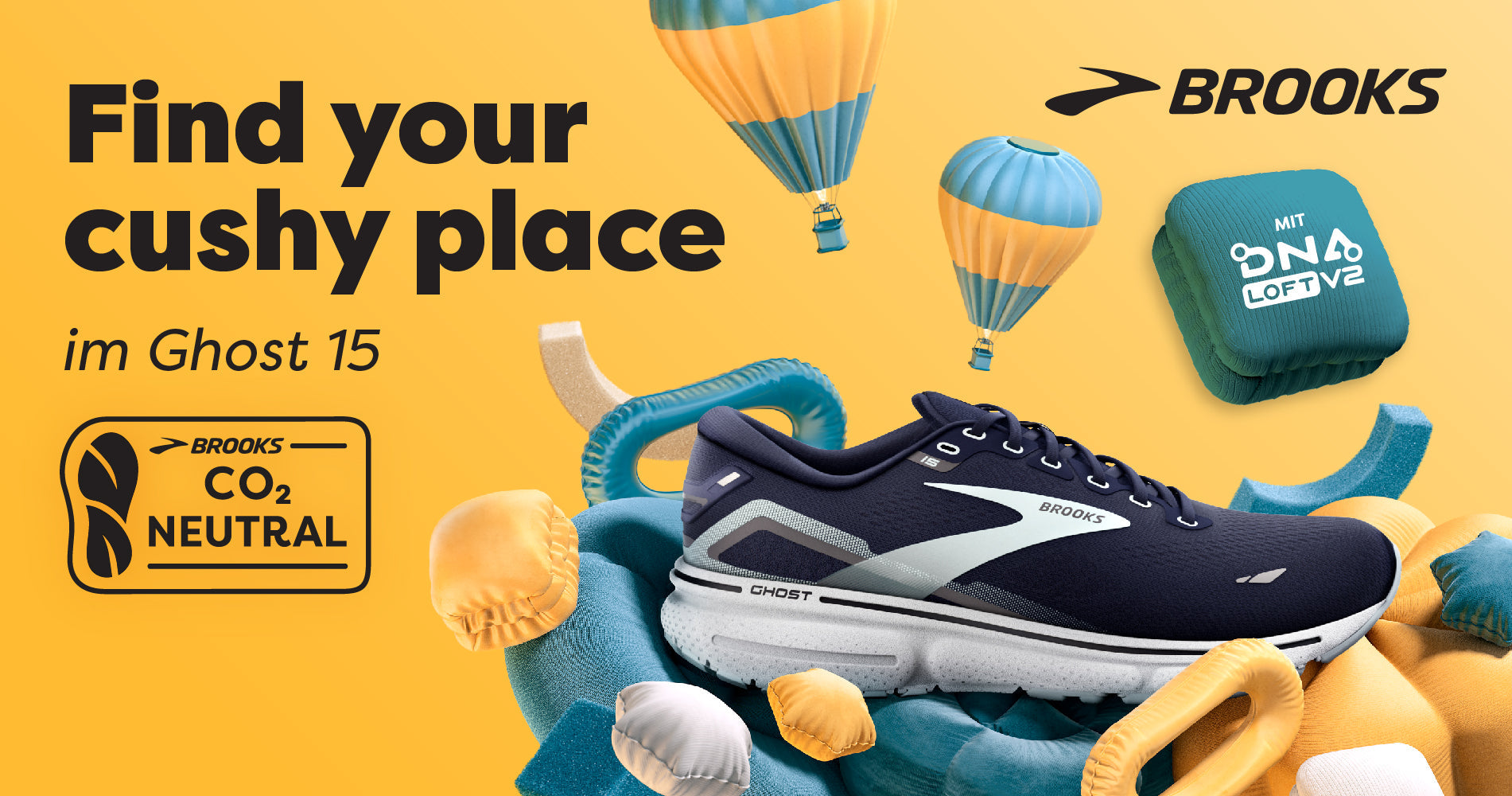 BROOKS Ghost 15 Marketing Kampagne: Der Brooks Schuh liegt auf weichem Material.