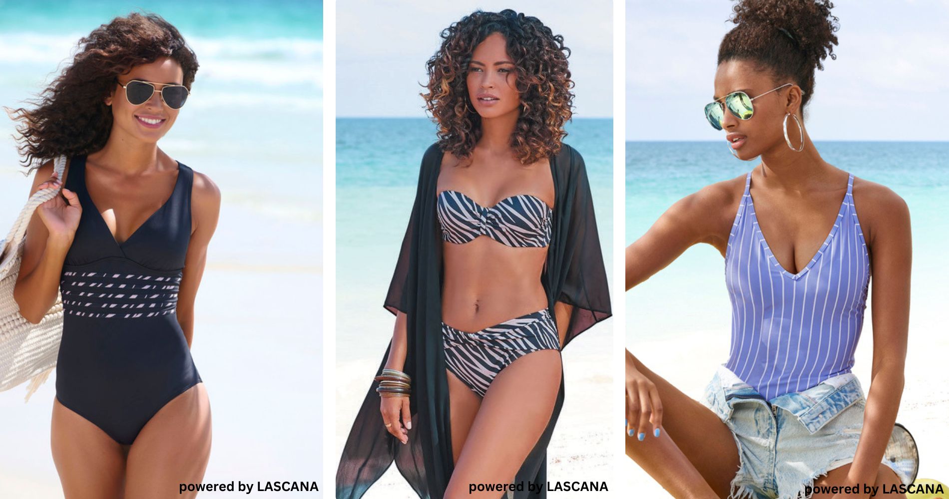 Im Bild zu sehen sind 3 Frauen, die von links nach rechts einen schwarzen Badeanzug, einen schwarzen Bikini und einen blauen Badeanzug tragen.