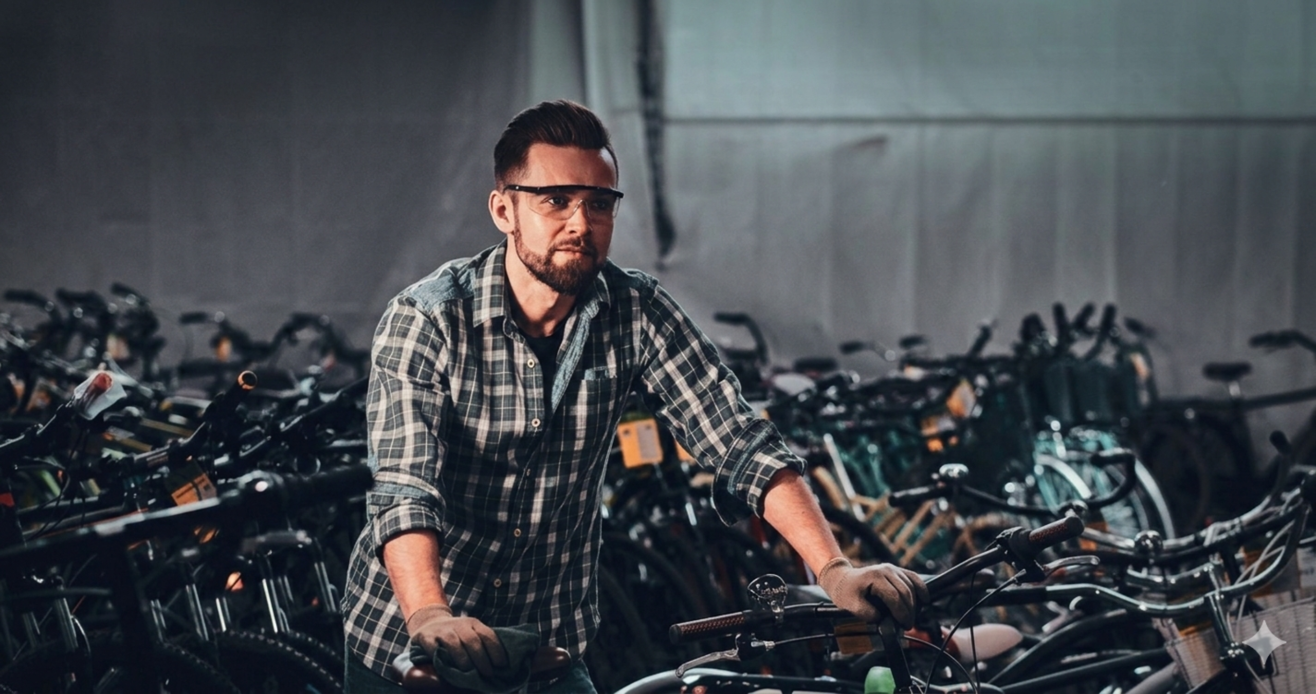 Fahrrad-Verkäufer stehe mit kariertem Hemd in einer Halle mit vielen Fahrrädern.